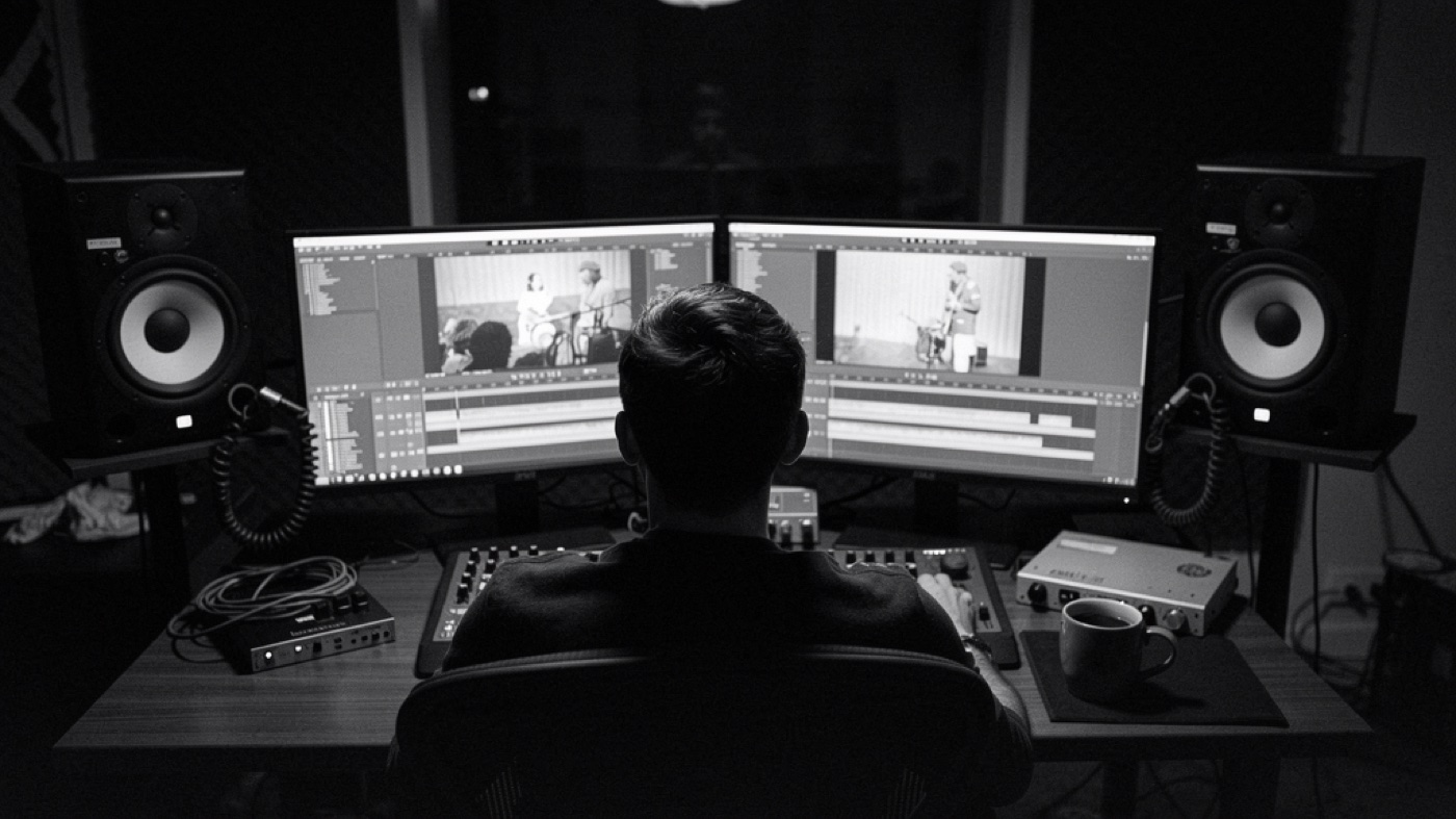A producer seen from behind, facing two monitors with a video edit, lit only by the screens