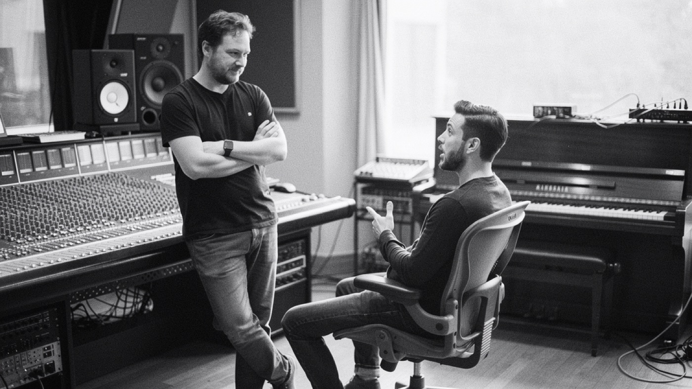 Two producers talking in a daylit studio, a piano in the background